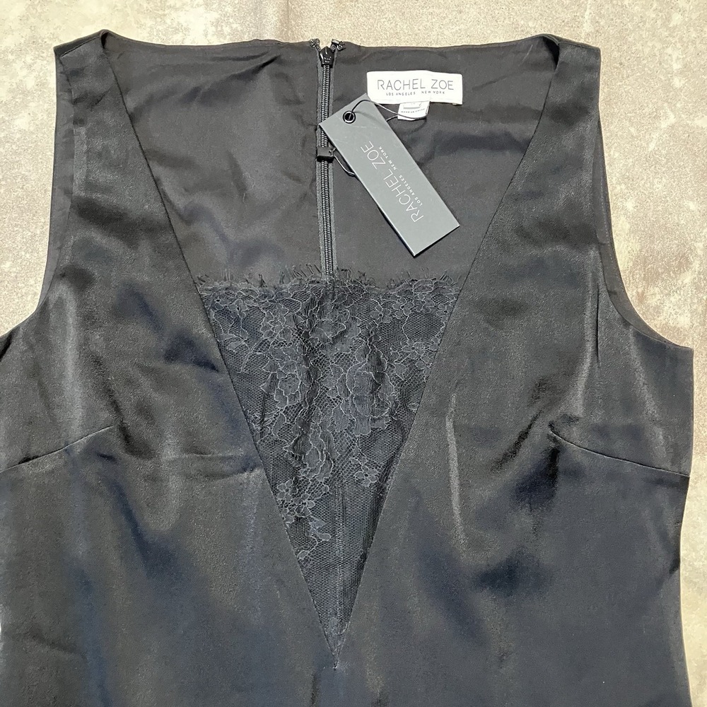 Rachel Zoe Dress Womens 8 Black Long Maxi Side Slit Sleeveless Deep Lace V Neck - Picture 2 of 12
